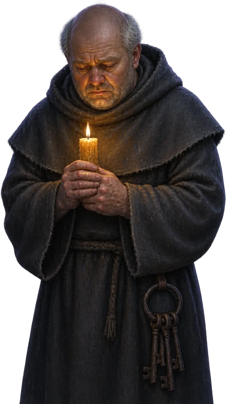 Brother Odo Fenn menunduk memegang lilin lebah di depan dada, wajahnya diterangi nyala dari bawah.